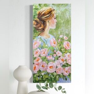 Floral Portrait Canvas Art - Pink and Green